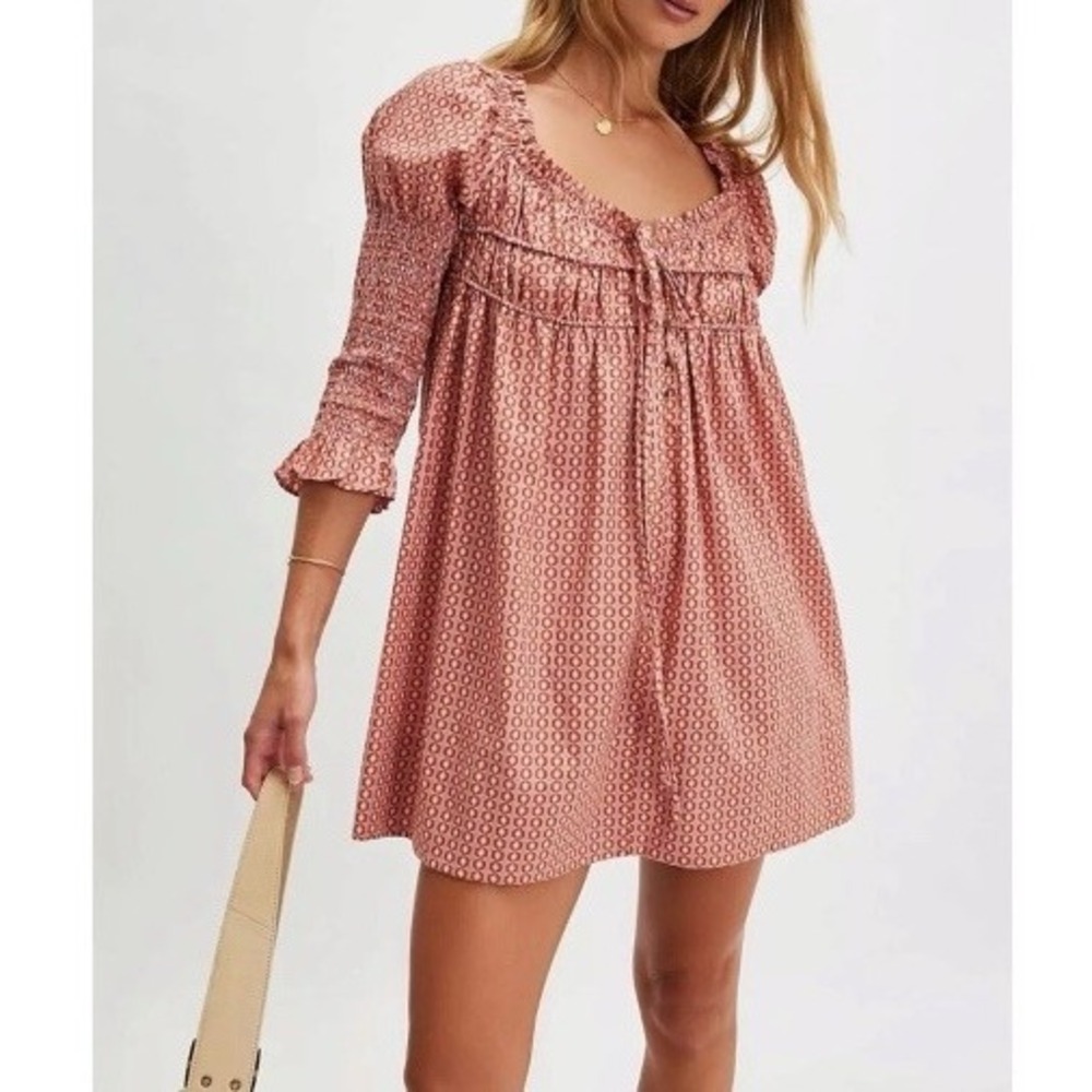 Free People Retro 70s Babydoll Star Dip Mini Dress Sz L Pink Orange A Line